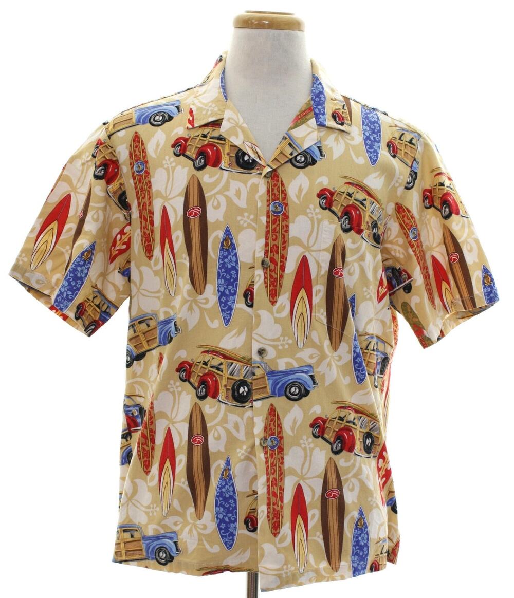 Vintage 90s Hawaii Surfboard Woodie Wagon Hawaiian Cotton Camp Shirt Large